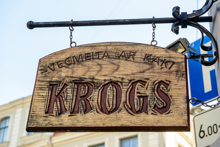 RIGA, LATVIA - SEP 7, 2014: Restaurant Krogs in the Old Town of Riga. Riga's historical centre is a UNESCO World Heritage Siteのeditorial素材