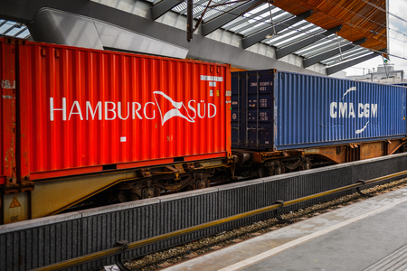 AMSTERDAM, NETHERLANDS - JUN 1, 2015: Train witn Hamburg Sud logo at Amsterdam Bijlmer ArenA metro station. It's a  railway station in the Bijlmermeer neighbourhood of the Amsterdam Zuidoost stadsdeelのeditorial素材