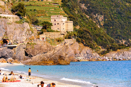 MONTEROSSO, ITALY - MAY 5, 2016: Beach of Monterosso al Mare, a small town in province of La Spezia, Liguria, Italy. It's one of the lands of Cinque Terre, UNESCO World Heritage Siteのeditorial素材