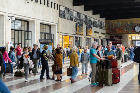 FLORENCE, ITALY - MAY 6, 2016: Passengers at the Firenze Santa Maria Novella, a terminus railway station in Florence.のeditorial素材