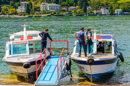 ISOLA BELLA, ITALY - MAY 3, 3016: Boat at the Bella Island, one of the Borromean Islands of Lago Maggiore in north Italyのeditorial素材