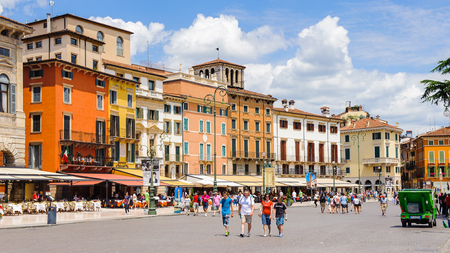 VERONA, ITALY - JUN 26, 2014: Piazza Bra and its restaurants , the largest square in Verona, Italy. City of Verona is a UNESCO World Heritage siteのeditorial素材