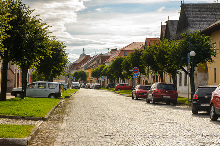 KEZMAROK, SLOVAKIA - SEP 26, 2016: Colourful houses on the Main street of Kezmarok, Slovakia, a small town in Spis region, Poprad river.のeditorial素材