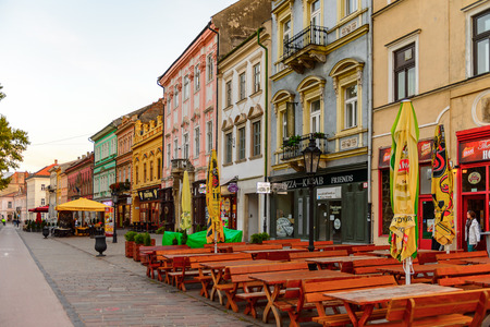 KOSICE, SLOVAKIA - SEP 25, 2016: Colorful architecture of the main street of Kosice, the biggest city in eastern Slovakia. It was the European Capital of Culture in 2013のeditorial素材