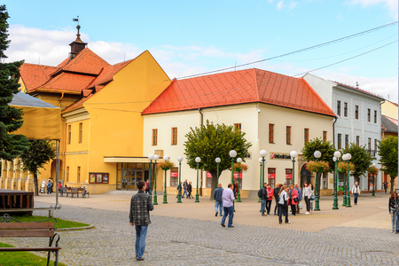 KEZMAROK, SLOVAKIA - SEP 26, 2016: Colourful houses on the Main street of Kezmarok, Slovakia, a small town in Spis region, Poprad river.のeditorial素材