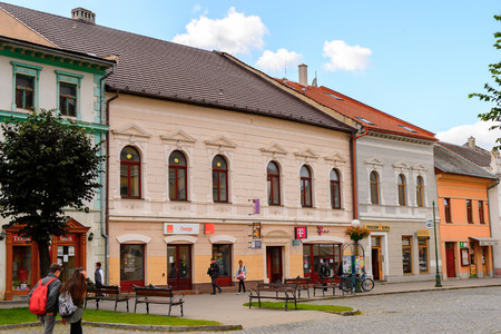 KEZMAROK, SLOVAKIA - SEP 26, 2016: Architecture on the main street of Kezmarok, Slovakia, a small town in Spis region, Poprad river.のeditorial素材