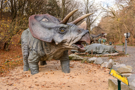BRATISLAVA, SLOVAKIA - OCT 18, 2015:  Triceratops in DinoPark in Bratislava, Slovakia. Triceratops is a genus of herbivorous ceratopsid dinosaurのeditorial素材