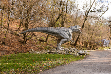 BRATISLAVA, SLOVAKIA - OCT 18, 2015: Gigantosaurus in DinoPark in Bratislava, Slovakia. One f the popular attections in Bratislava, Slovakia.のeditorial素材