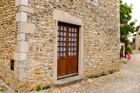 PEROUGES, FRANCE - OCT 11, 2016: Old House in Perouges, France, a medieval walled town, a popular touristic attraction.のeditorial素材