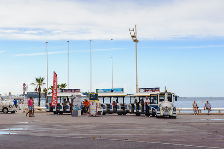 CANNES, FRANCE - JUNE 25, 2014: Train for tourists in Cannes. Cannes hosts the annual Cannes Film festival from 1949のeditorial素材