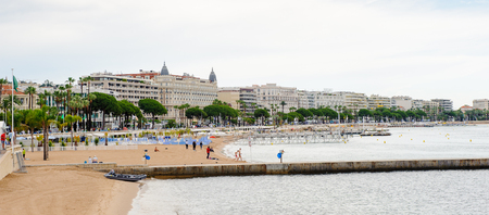 CANNES, FRANCE - JUNE 25, 2014: Beach of  Cote d'Azur, Cannes. Cannes hosts the annual Cannes Film festival from 1949のeditorial素材