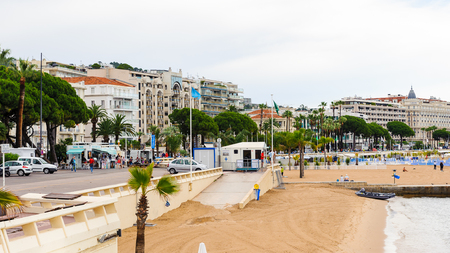 CANNES, FRANCE - JUNE 25, 2014: Beach of  Cote d'Azur, Cannes. Cannes hosts the annual Cannes Film festival from 1949のeditorial素材