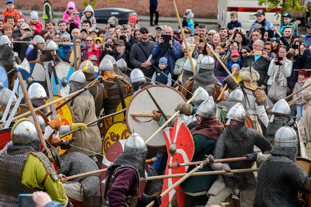 SAINT PETERSBURG, RUSSIA - MAY 28, 2017: Imitation of the knight battle at the viking festival on the Day of the City of S.-Petersburgのeditorial素材