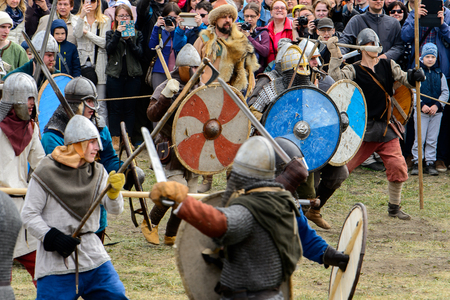 SAINT PETERSBURG, RUSSIA - MAY 28, 2017: Imitation of the knight fight at the viking festival on the Day of the City of S.-Petersburgのeditorial素材