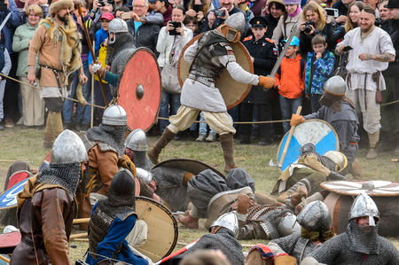 SAINT PETERSBURG, RUSSIA - MAY 28, 2017: Imitation of the knight battle at the viking festival on...