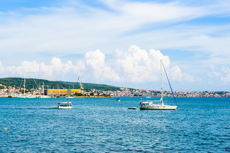 DALMATIA, CROATIA - AUG 24, 2014: Boats and coast of Croatia, on the Adriatic Sea. Catchment areaof the Adriatic Sea is 235,000 km2 (91,000 sq mi)のeditorial素材