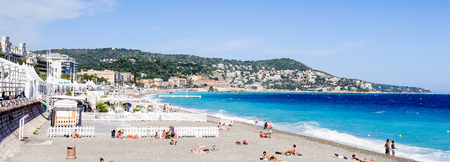 NICE, FRANCE - JUNE 25, 2014: Mediterranea sea coast in Nice, Promenade des Anglais, France. Nice is the capital of the Alpes Maritimes departementのeditorial素材