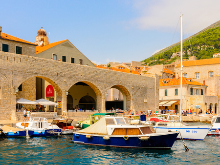 DUBROVNIK, CROATIA - AUG 21, 2014: Harbour of the Old town of Dubrovnik, Croatia. Dubrovnik is a UNESCO World Heritage siteのeditorial素材