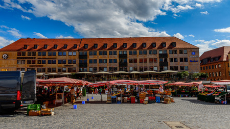NUREMBERG, GERMANY - AUG 5, 2017: Architecture of the famous Christmas market inNuremberg, the largest in town in Franconia, Bavaria state, Germanyのeditorial素材