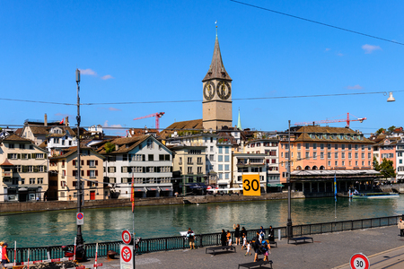ZURICH, SWITZERLAND - AUGUST 7, 2017: St.Peter's church in Zurich, the largest city in Switzerlandのeditorial素材