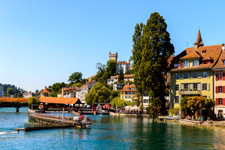 LUCERNE, SWITZERLAND - AUGUST 7, 2017: Architecture of Lucerne, a city in the German-speaking part of Switzerlandのeditorial素材