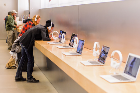 NEW YORK, USA - SEP 22, 2015: Apple store on the Fifth Avenue, New York. The store sells Macintosh...