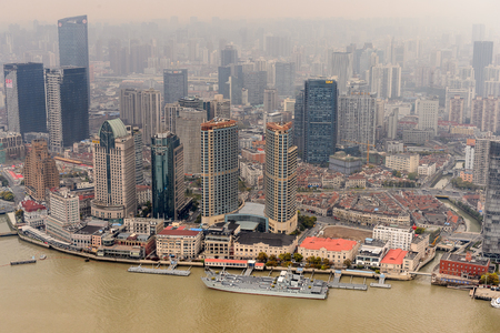 SHANGHAI, CHINA - MAR 31, 2016: Panoramic view of Shanghai from the Oriental Pearl Radio and TV Tower.のeditorial素材