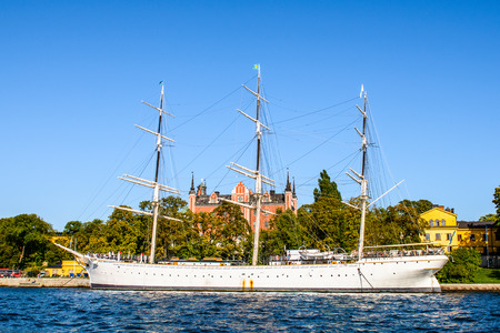 STOCKHOLM, SWEDEN - SEPTEMBER 7, 2014: Boats near the Djurgarden Island, island in central Stockholm, which is home to historical buildings and monuments, museums.のeditorial素材