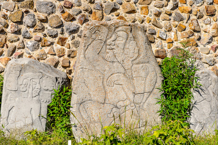 Stelae known as Dancing, Monte Alban, a large pre-Columbian archaeological site, Santa Cruz Xoxocotlan Municipality, Oaxaca State.の写真素材