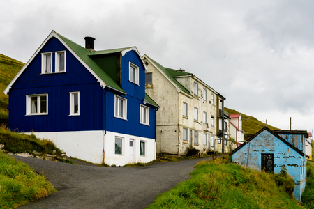Houses on Sandoy, one of the biggest of all the Faroe Islands, autonomous region of the Kingdom of Denmarkの写真素材