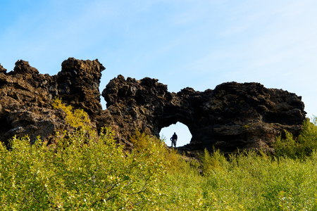 Rock formation in Dimmuborgir, a large area of unusually shaped lava fields, Myvatn, Icelandの写真素材