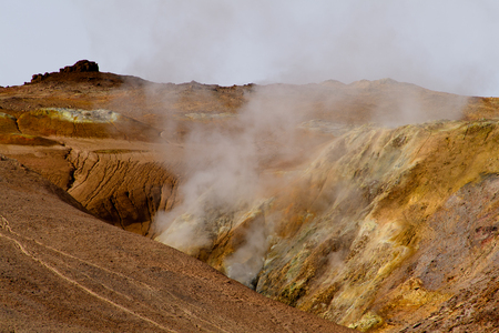 Namafjall, a high-temperature geothermal area with fumaroles and mud pots in Icelandの写真素材