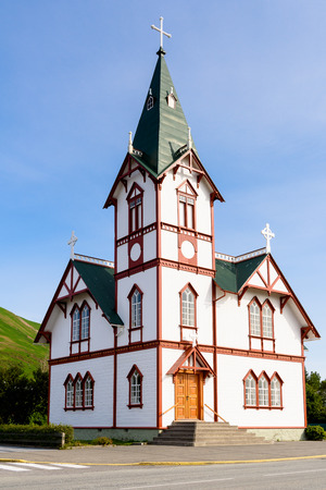 Church in HusavÃ­k, a town in Nordurping municipality on the north coast of Icelandの写真素材