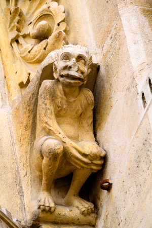 Close up of the statues at the Notre-Dame de Paris, a medieval Catholic cathedral of Paris, Franceの写真素材