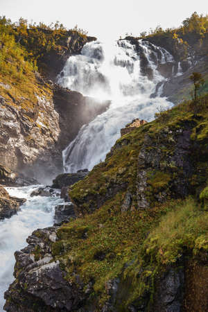 Kjosfossen, incredible waterfall of Norwayの写真素材