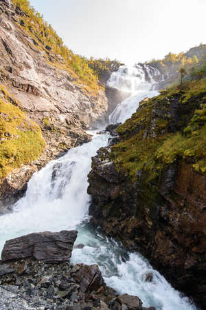 Kjosfossen, incredible waterfall of Norwayの写真素材