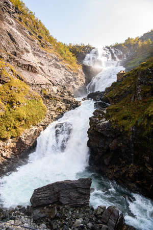 Kjosfossen, incredible waterfall of Norwayの写真素材