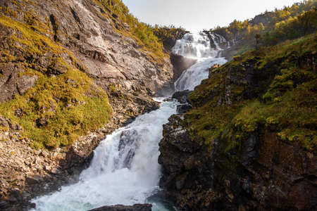 Kjosfossen, incredible waterfall of Norwayの写真素材