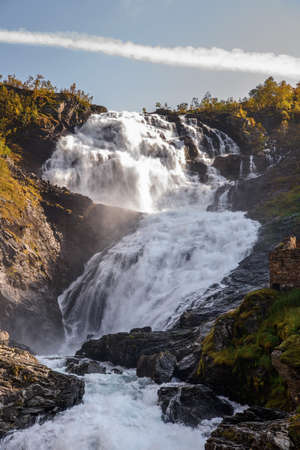 Kjosfossen, incredible waterfall of Norwayの写真素材