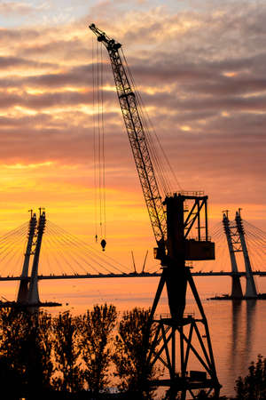 Construction cranes on the Sunset over the sea in Russiaの写真素材