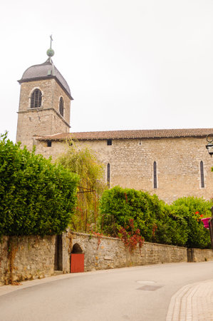 Church of Perouges, France, a medieval walled town, a popular touristic attraction.の写真素材
