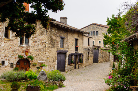 Street of Perouges, France, a medieval walled town, a popular touristic attraction.のeditorial素材