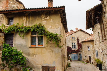 Close view of the authentic stone house of Perouges, France, a medieval walled town, a popular touristic attraction.のeditorial素材