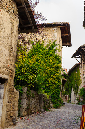 Architecture of Perouges, France, a medieval walled town, a popular touristic attraction.のeditorial素材