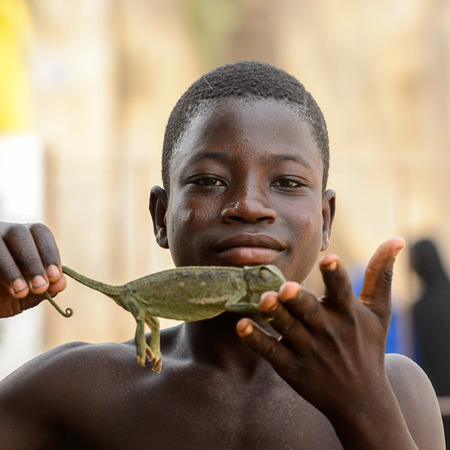 LOME, TOGO - Jan 9, 2017: Unidentified Togolese boy holds a reptile in his hands at the Lome fetish market. Togo people suffer of poverty due to the bad economyのeditorial素材