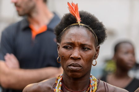 OUIDAH, BENIN - Jan 10, 2017: Unidentified Beninese woman wears necklace and earings at the voodoo festival, which is anually celebrated on January, 10th.のeditorial素材