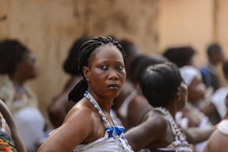 OUIDAH, BENIN - Jan 10, 2017: Unidentified Beninese woman wears necklace and earings at the voodoo festival, which is anually celebrated on January, 10th.のeditorial素材