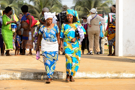 OUIDAH, BENIN - Jan 10, 2017: Unidentified Beninese woman in national suit wears necklace and earings at the voodoo festival, which is anually celebrated on January, 10th.のeditorial素材