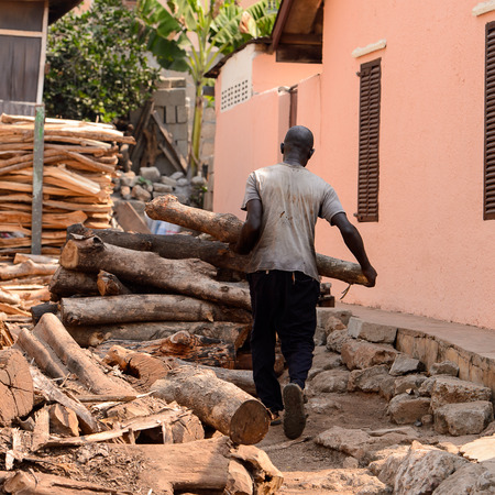 CENTRAL REGION, GHANA - Jan 17, 2017: Unidentified Ghanaian man carries a wooden log from behind in local village. People of Ghana suffer of poverty due to the bad economyのeditorial素材