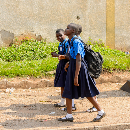 CENTRAL REGION, GHANA - Jan 17, 2017: Unidentified Ghanaian pupils in school uniform in local village. Children of Ghana suffer of poverty due to the bad economyのeditorial素材